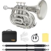 SONICAKE Bb Pocket Trumpet for Beginners - Nickel Plated Brass Mini Trumpet | Full Kit with 7C Mouthpiece, Hard Case, Gloves &amp; Cleaning Kit
