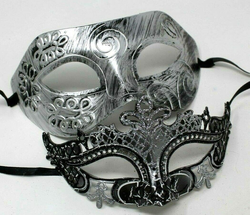 HIS N HERS PAIR OF CO-ORDINATED SILVER & BLACK COUPLES VENETIAN MASQUERADE CARNIVAL PARTY BALL EYE MASKS, Silver Black, 8cm deep - Image 5