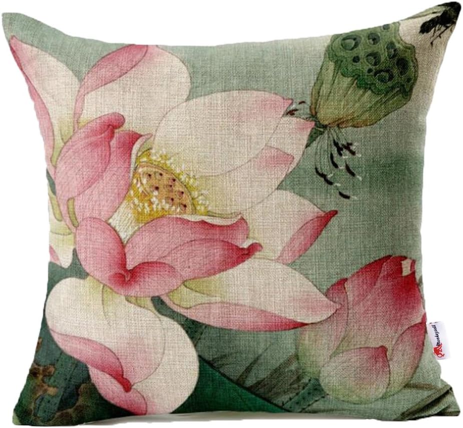 Monkeysell Lotus Leaf Butterfly Flowers Pattern Cotton Linen Throw Pillow Case Cushion Cover Home Sofa Decorative 18 X 18 Inch (S042B3)