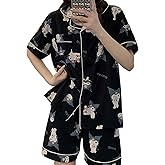 Ocroyea Kawaii Pajamas For Women Two-Piece Set Cute Cartoon Girls Pajamas Casual Cardigan Sleepwear Home Clothes