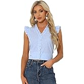 Allegra K Gingham 50s Tops for Women's Cute Cap Sleeve Ruffle Plaid Shirt