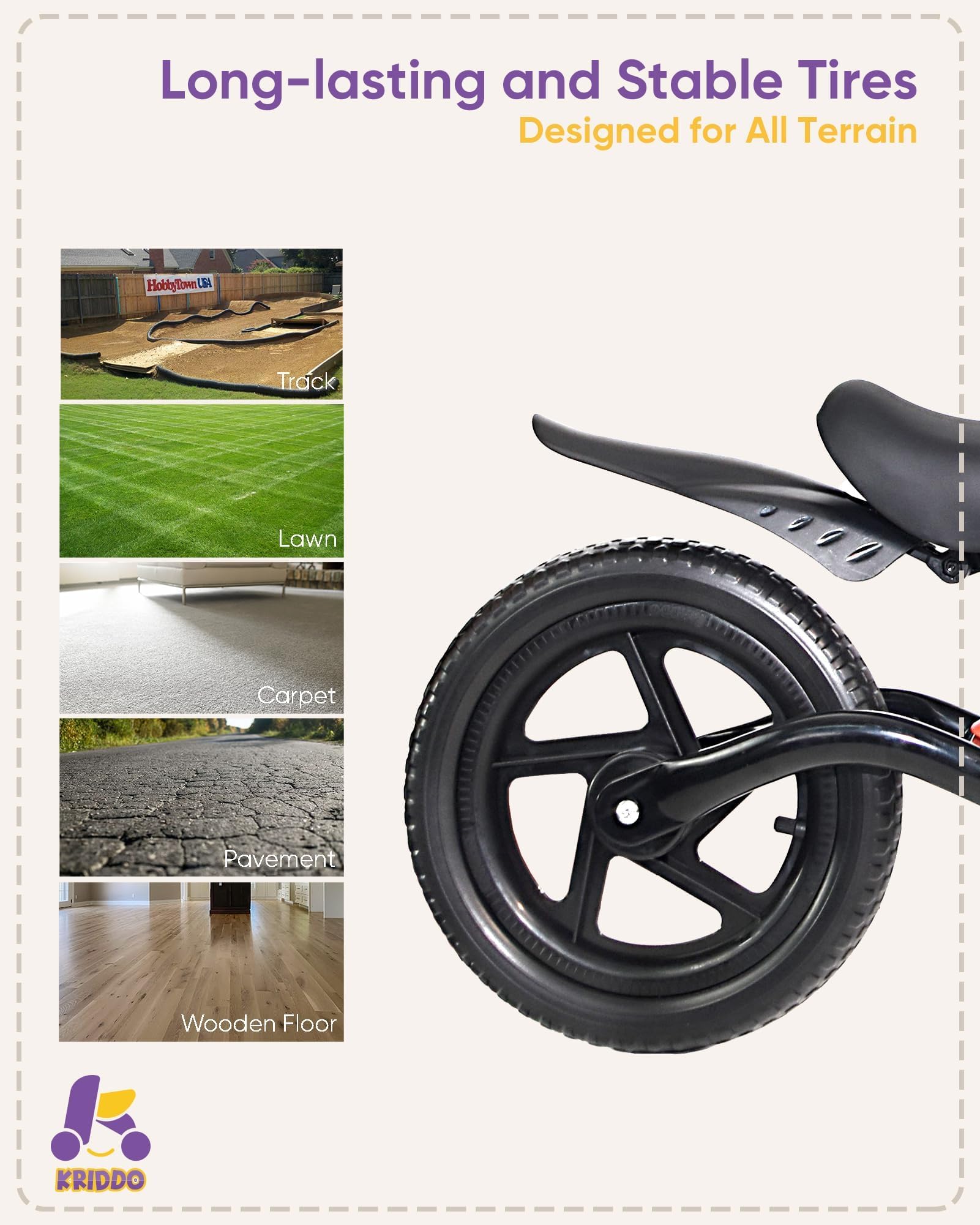 KRIDDO Kids Balance Bike for 2-5 Years, with Front Light, Upgraded Tires for All Terrain, Upgraded Bearing for Smooth and Stable Riding, Front and Rear Fenders, Adjustable Seat