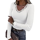 LUXVEER Long Sleeve Shirts for Women Lace V Neck Ribbed Fitted T-Shirt Dressy Business Casual Blouses 2026 Trendy Fall Tops