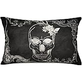 Fukeen Halloween 12x20 Inch Pillow Covers Sugar Skull Flowers Gothic Design Skeleton All Saints Day Goth Throw Waist Pillow Cases Black White Home Sofa Couch Decor Cushion Cover Cotton Linen
