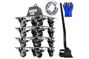 USKICH Furniture Dolly Mover Set with 4 360 Rotatable Rubber Universal Wheels, Carbon Steel Panel Heavy Duty Moving Base Tools with Brake & Lifter, Maximum Load 3000LBS