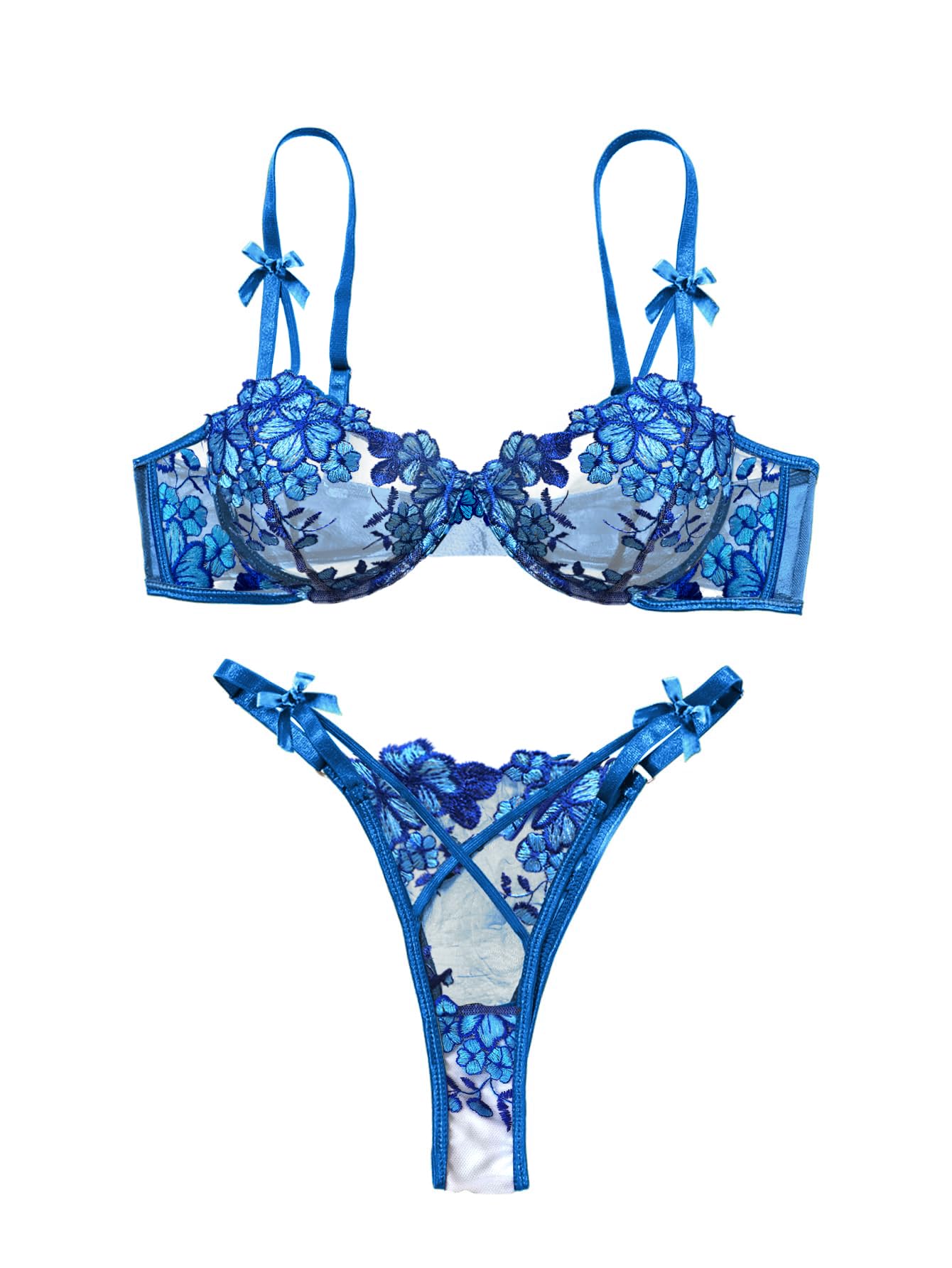 Photo 1 of Lilosy Sexy Cute Underwire Push Up Strappy Heart Embroidered Mesh Sheer Lingerie Set for Women Bachelorette See Through Bra and Panty 2 Piece Bow Flower Blue S 