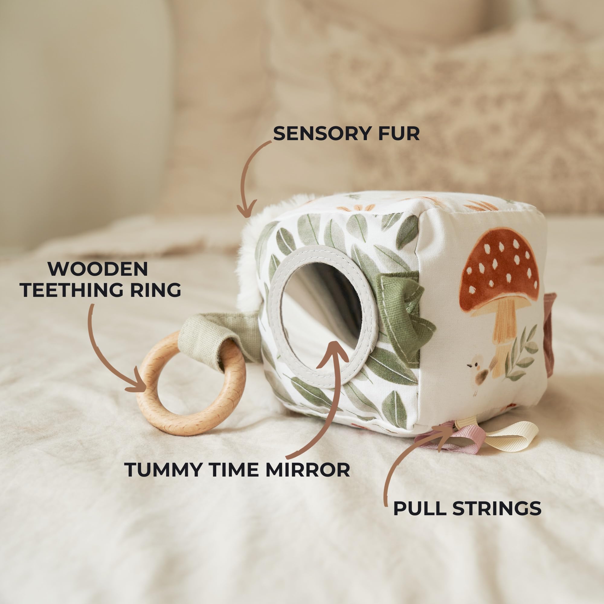 ZICOTO Soft Toy Block with Wooden Ring for Babies 0-3 and 0-6 Months - The Perfect High Contrast Activity Cube & Teething Toy with Tummy Time Mirror for Newborns - A Fun Sensory & Development Gift