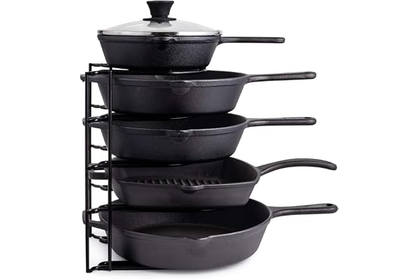 Heavy Duty Pan Organizer, 5 Tier Rack - Holds up to 50 LB - For Cast Iron Skillets, Griddles, Pots - Durable Steel Constructi