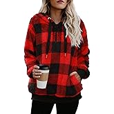ReachMe Womens Oversized Sherpa Pullover Hoodie with Pockets Fuzzy Fleece Sweatshirt Plaid Fluffy Jacket Coat