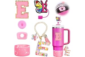 Mity rain 6PCS Cup Accessories Set for Stanley Cup 30oz 40oz, Tumbler Initials Decorations for Stanley, Including Silicone Straw Cover Cap and Boot, Spill Proof Stopper, Handle Charm, Sticker,Letter E