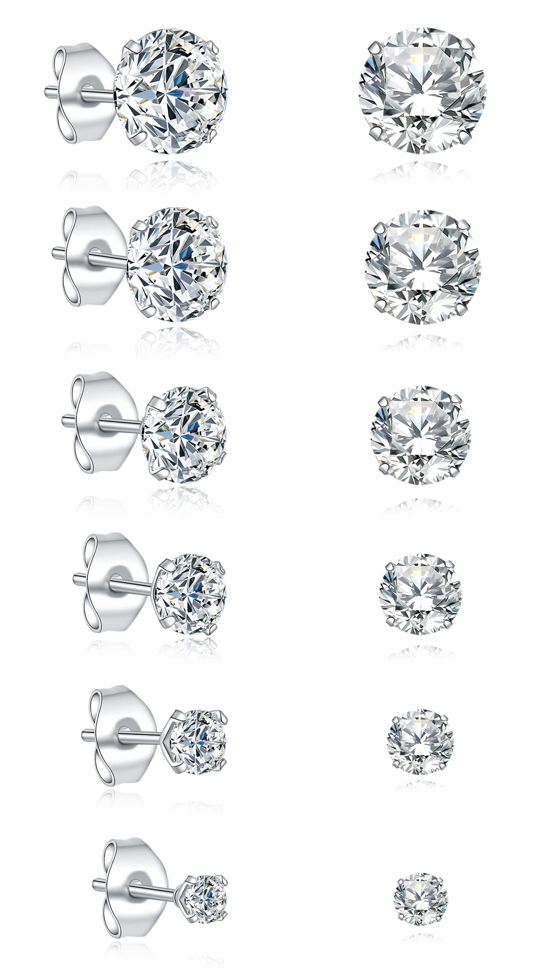 Stainless Steel Silver Stud Earring for Women, 6Pairs Men's Diamond Stud Earrings, Surgical Steel Hypoallergenice Earrings, Titanium Silver Earrings Set, Cubic Zirconia Stud Earrings