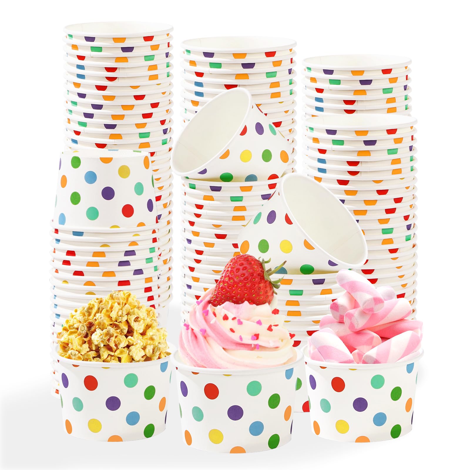 Photo 1 of 120 Pcs Rainbow Ice Cream Cups 12 oz Disposable Rainbow Polka Dots Paper Dessert Snack Bowl Colorful Polka Food Yogurt Cup Container for Hot or Cold Food Soup Candies Birthday Holiday Party Supplies