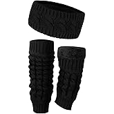 BOARDFEB 2 Pack Winter Fleece Lined Leg Warmers and Twisted Headband Set, Knit Long Leg Warm Boot Sock for Women Skating