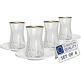 Biandeco Gold Rim Turkish Tea Cups and Porcelain Saucers 8 pieces, Traditional Hand Cut Glasses, Authentic Set Perfect for Arabic, Persian Morrocan Tea Party (Set of 4), 5.75 oz