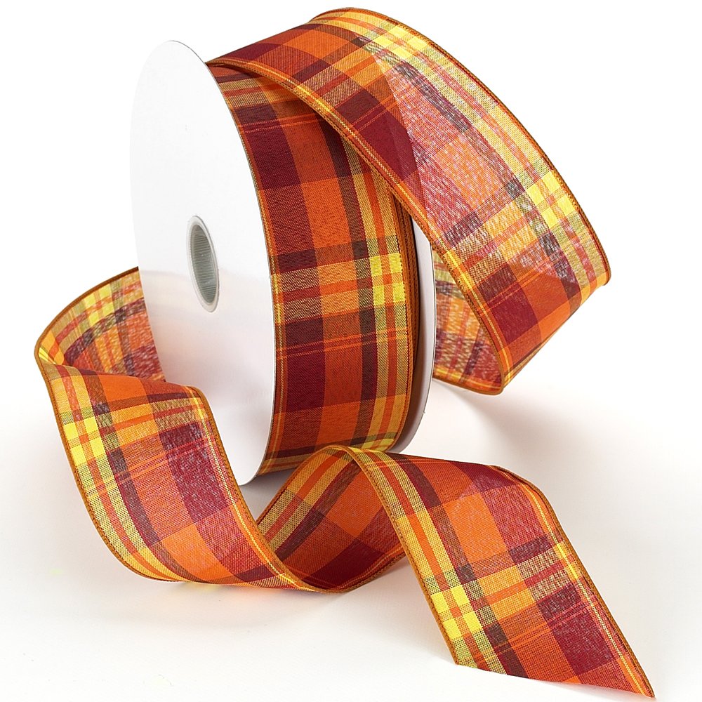 Morex Ribbon Autumn Abundance Plaid Wired Fabric Ribbon, Pumpkin, 2-1/2 in x 50-Yd