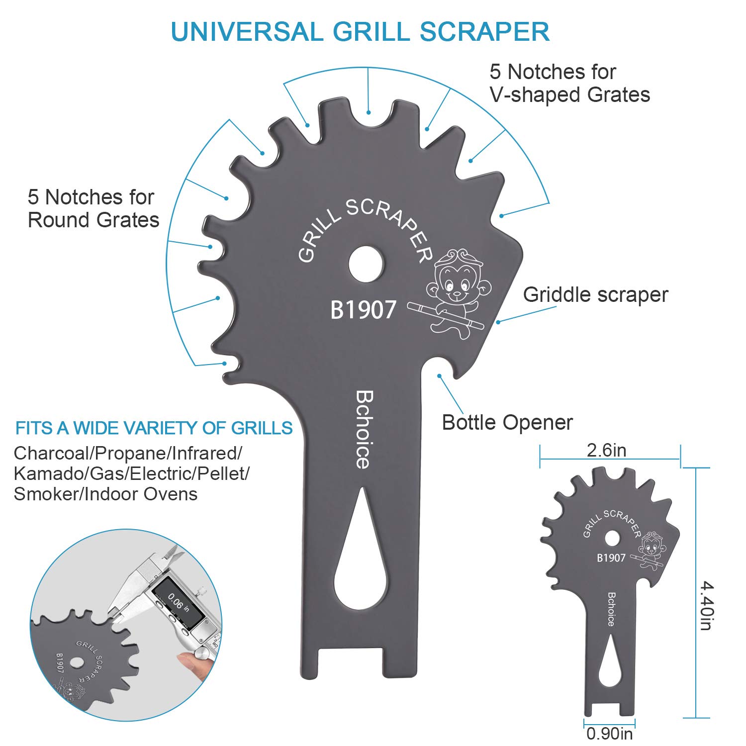 Bchoice Stainless Steel BBQ Grill Scraper Brushes- Grill Grate Scrapers Cleaner Barbecue Non-bristles Grill Brush Perfect BBQ Cleaning Tools - Works with Most Grill Grates, Grey