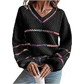 Verdusa Women's Striped Oversized Sweaters Cozy Pullover V Neck Knit Sweater Fall Winter Clothes