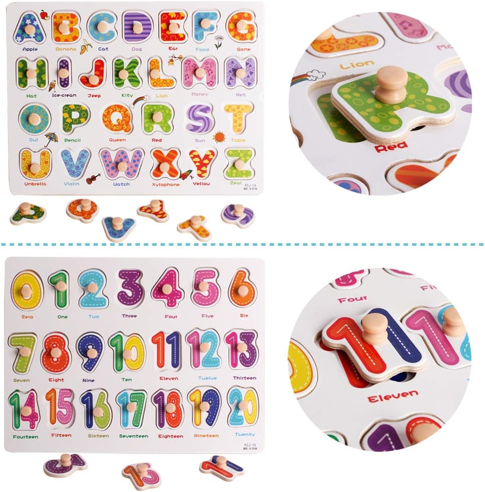 UMTOY 4PCS Wooden Puzzles for Toddlers Peg Puzzle Set, Children's Learning Puzzles with Alphabet and Animal Numbers Shape, Educational and Learning Preschool Puzzle Toys for Babies Boys and Girls: Toys & Games