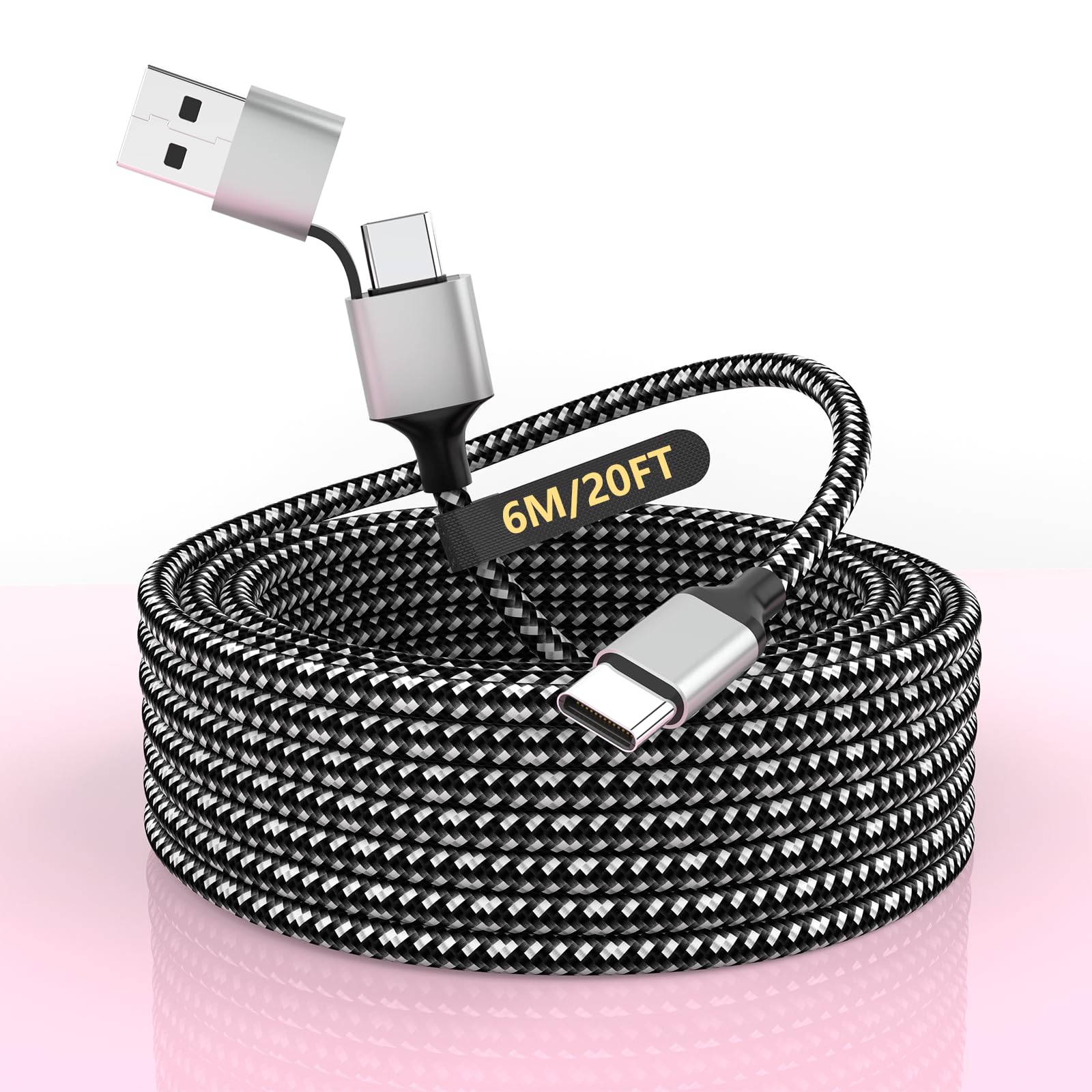 Photo 1 of 20FT Extra Long USB-C iPhone 15/16 Long Charger Cable,6M 3-in-1 60W USB-C+USB-A to Type-C Nylon Braided Sync Data Charging Cord for Apple iPhone 16 15 Pro Max Plus,iPad Pro,Android,Samsung,Pixel