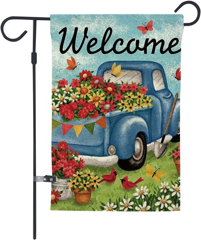 GOAUS Welcome Flower Old Truck Daisy Bird Butterfly Floral Garden Flag,Summer Double Sided Burlap Decorative House Flags for Home Lawn Yard Indoor Outdoor Decor,12 x 18 Inch
