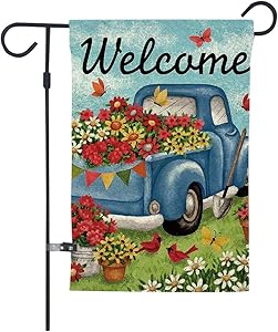GOAUS Welcome Flower Old Truck Daisy Bird Butterfly Floral Garden Flag,Summer Double Sided Burlap Decorative House Flags for Home Lawn Yard Indoor Outdoor Decor,12 x 18 Inch