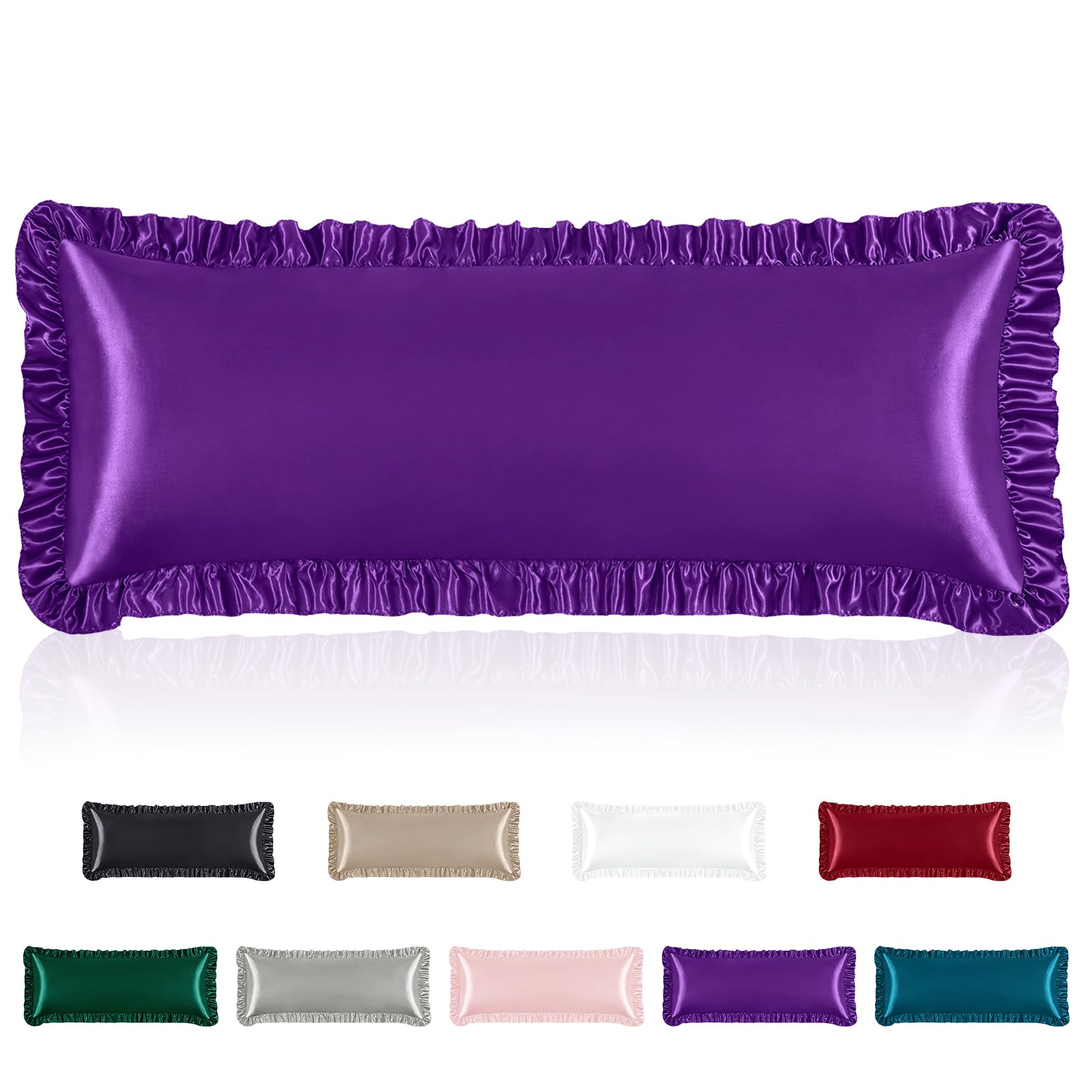 Homiest Ruffle Satin Body Pillow Cover, Silky Satin Body Pillowcase with Envelope Closure, Luxury & Ultra Soft Long Pillow Cases for Hair and Skin, Ruffled Long Pillow Shams (Purple)