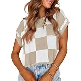 Saodimallsu Womens Cap Sleeve Crop Tops Summer Color Block Knit Sweater | Summer, Color Block, Going Out, Crew Neck, Knit Trendy Casual Sweater,Teacher Outfit