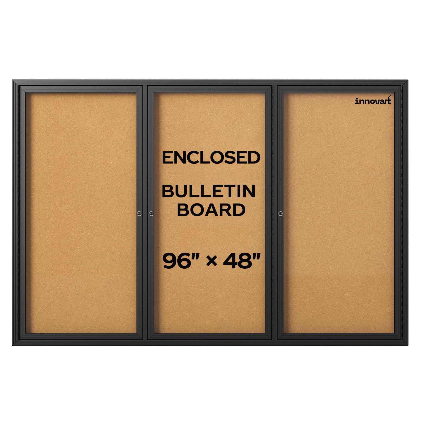 Photo 1 of INNOVART Enclosed Bulletin Board 96”x48”, Lockable Cork Noticeboard with Black Aluminum Frame, Outdoor Enclosed Bulletin Board Weatherproof, Wall Display Case with Swing-Open Door Information Cabinet