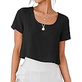 IDEALSANXUN Womens Short Sleeve Linen Shirts Casual Spring Summer Scoop Neck Cute Crop Blouse Tops