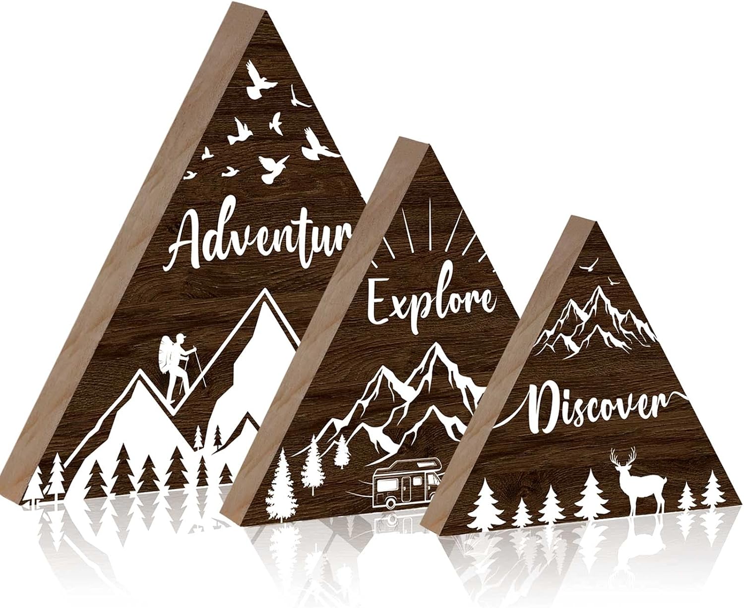 Jetec 3 Pieces Woodland Adventure Decor Wooden Mountain Decor Adventure Explore Discover Wall Sign Wooden Woodland Nursery Decor Inspirational Quote Mountain Forest Triangle Hanging Sign Decoration