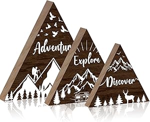 Jetec 3 Pieces Woodland Adventure Decor Wooden Mountain Decor Adventure Explore Discover Wall Sign Wooden Woodland Nursery Decor Inspirational Quote Mountain Forest Triangle Hanging Sign Decoration