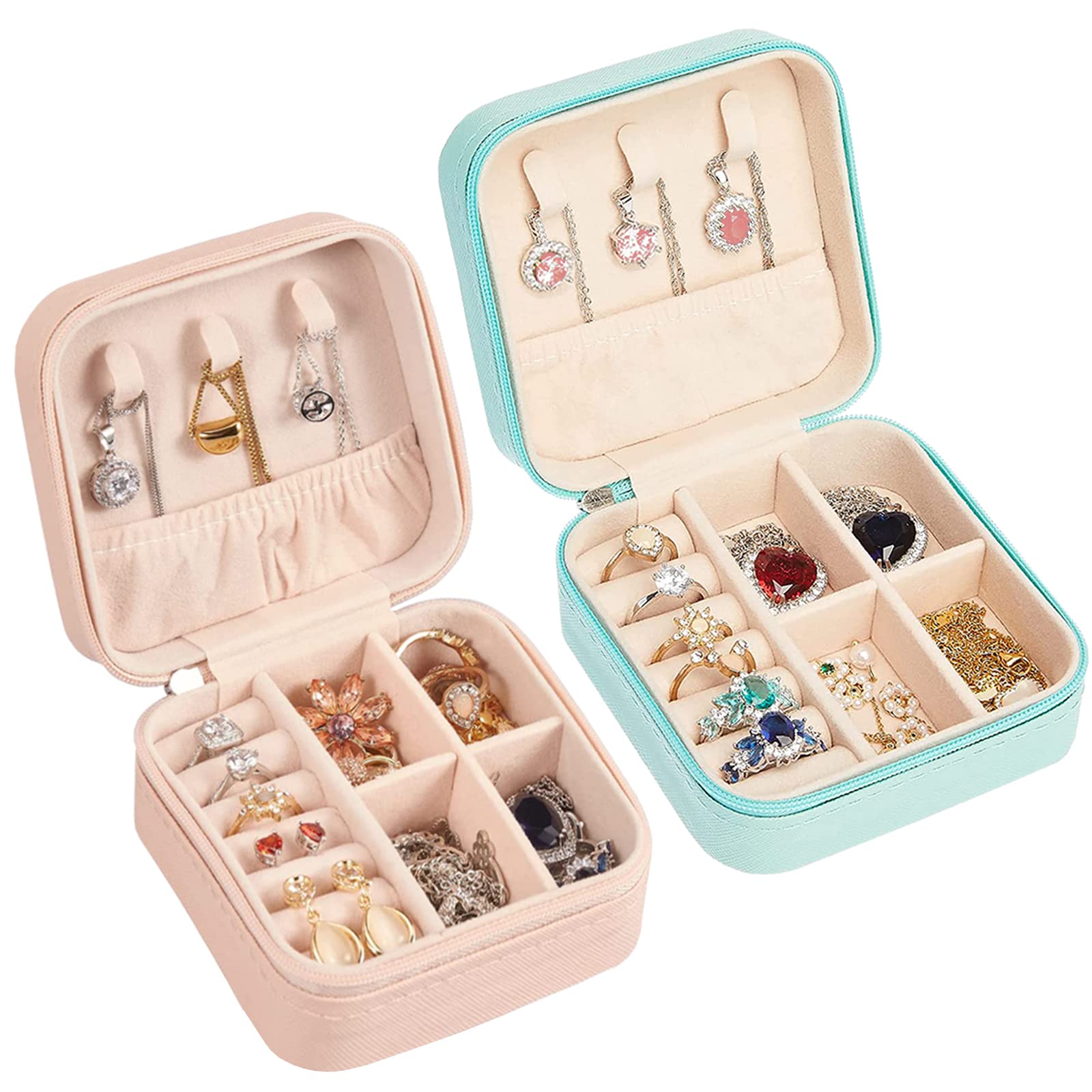 2Pcs Jewellery Box Organiser, Mini Jewellery Box Travel PU Leather, Small Jewellery Box Portable Travel Jewellery Box for Rings Earrings Necklace Bracelets Watch Gift for Women Girls (Pink/Green)