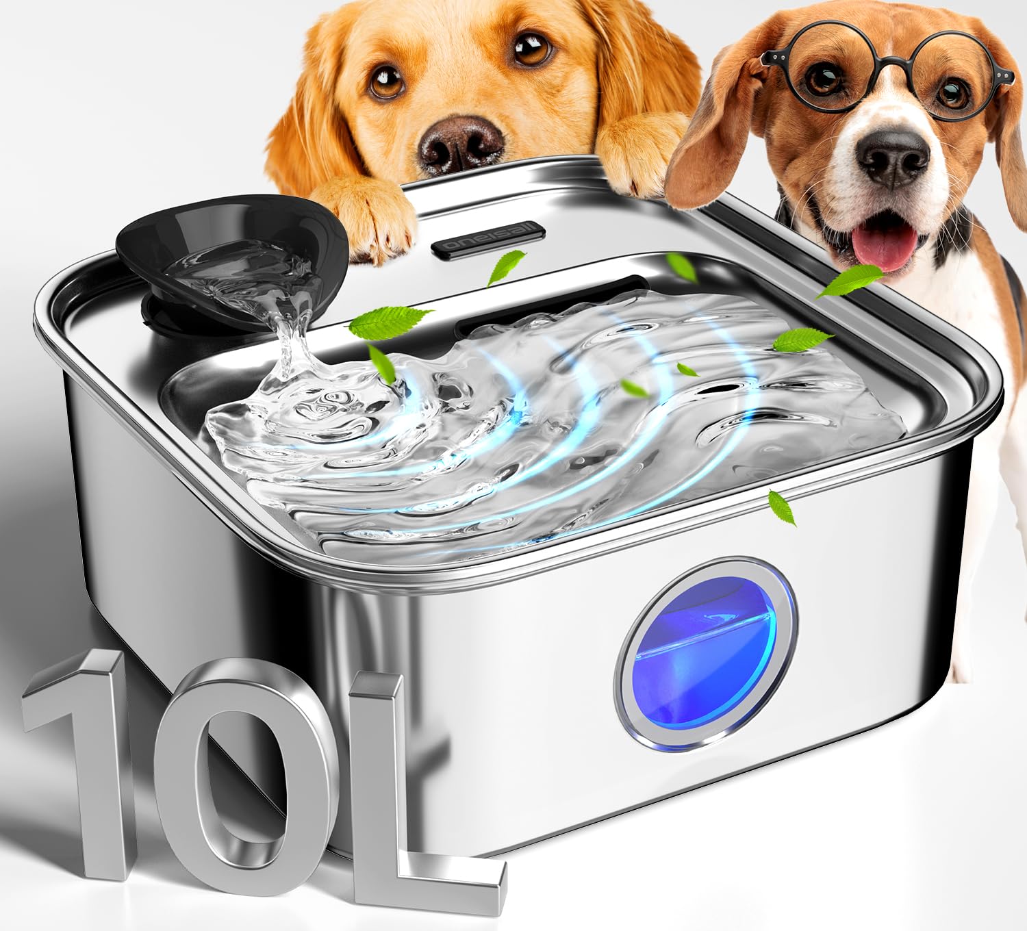 Photo 1 of oneisall Dog Water Fountain for Large Dogs, 10L/2.6Gal Dog Fountain Water Bowl with Multi-Filtration & Deeper Drinking Aera, Large pet Water Fountain with Water Window & LED, Ultra-Quiet
