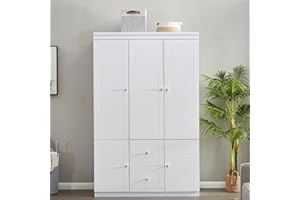 Sophshelter 74.2" Armoire Wardrobe Closet Storage, Wood 3 Door 2 Drawers White Closet Cabinet for Large Capacity, Tall Cabinet Closet with Hanging Rod and 5 Storage 47.3" L x 20.3" W x 74.2" H