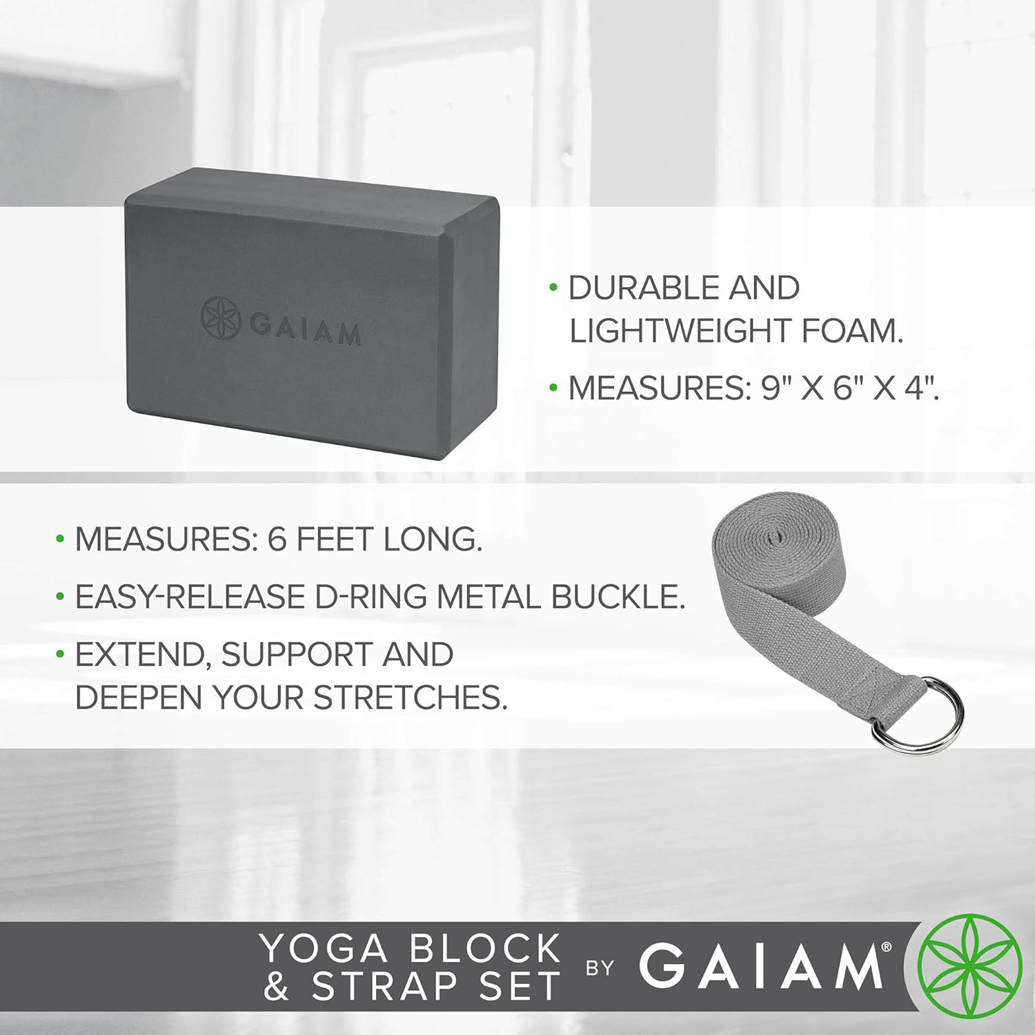 Gaiam Yoga Block + Yoga Strap Set, Grey : Sports & Outdoors