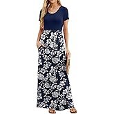 GRECERELLE Women Summer Casual Maxi Long Dress Short Sleeve Crew Neck with Pockets, Size S-3XL