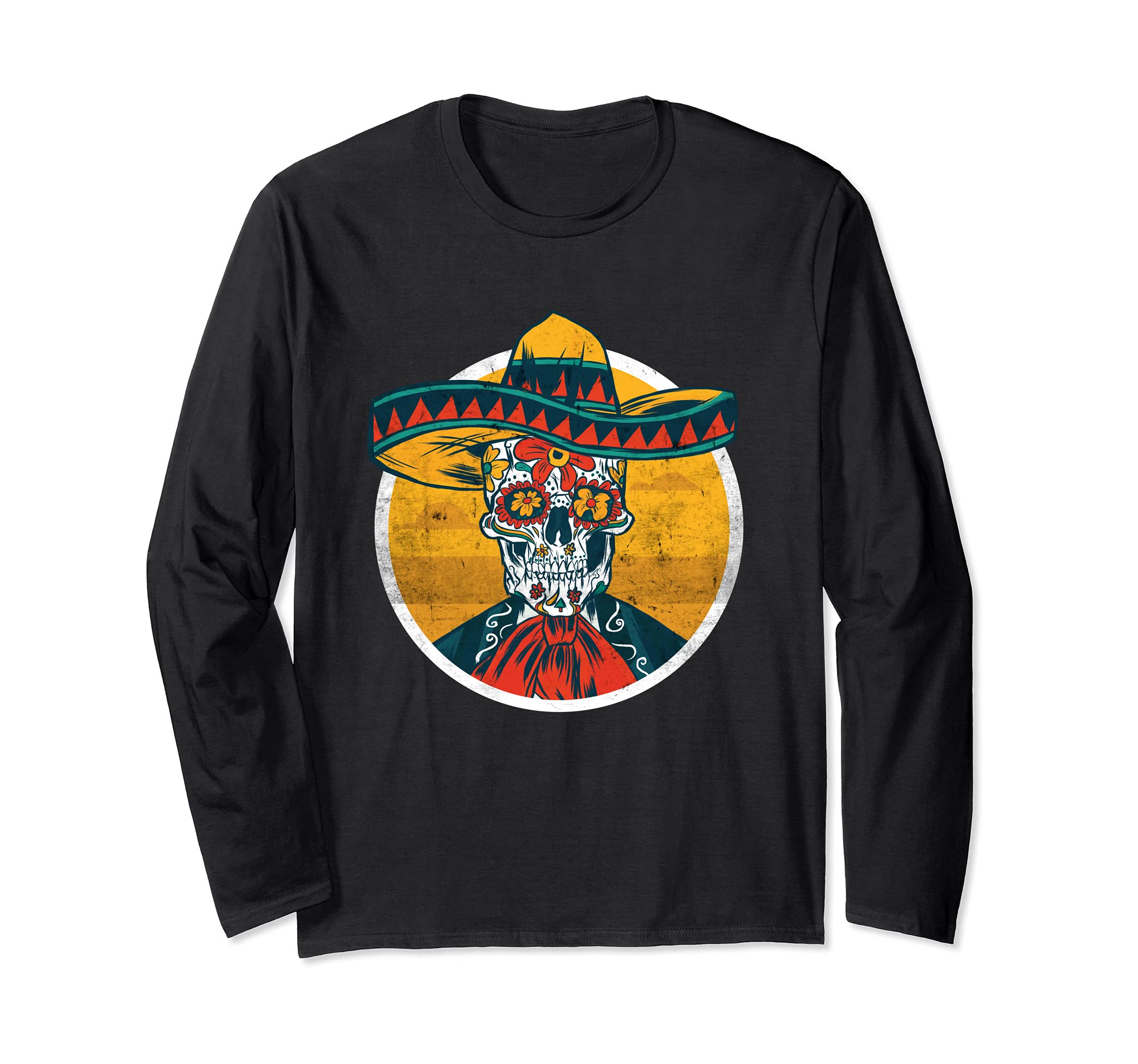 Vintage Cinco de Mayo Dia de los Muertos Skull Sombrero Long Sleeve T-Shirt