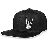 Embroidered Baseball Hats for Men Funny Rocking Skeleton Fingers Mens Snapback Hats Black Flat Bill Skull Hat Cool Skateboard Hats for Boys Youth Snap Back Cap