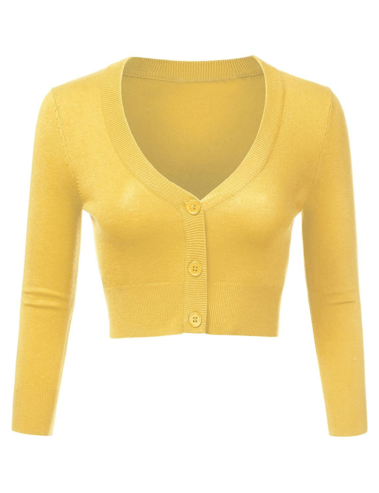 Totatuit Women's Cardigans V Neck Button Down Knitted Cropped Cardigan Long Sleeve Open Front Sweater Yellow Cardigans,XXL