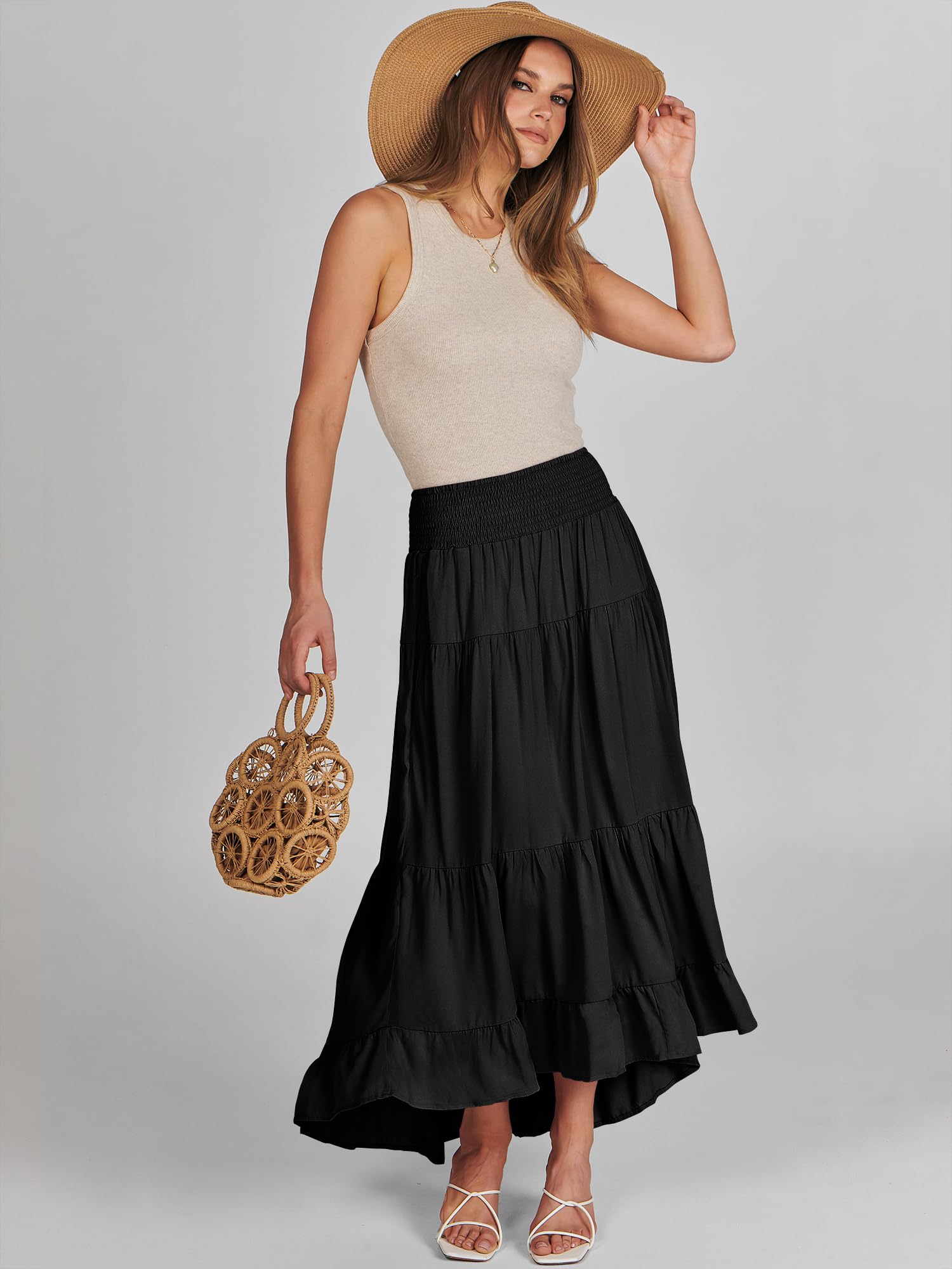 ANRABESS Women Summer Maxi Skirt Elastic High Waist Flowy Boho Casual Tiered Aline Long Beach Skirts 2025 Trendy Outfits