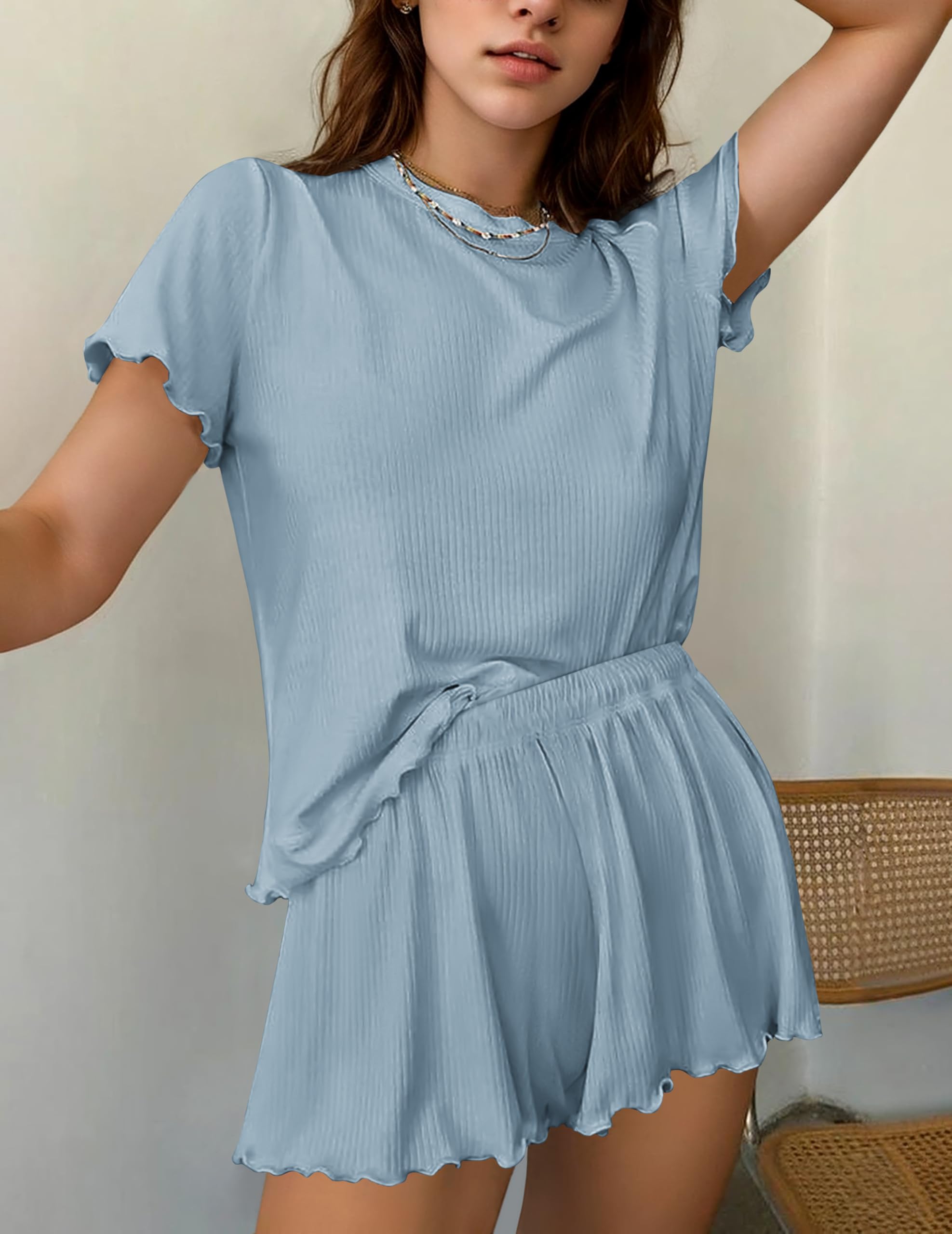 Ekouaer Womens Pajamas 2 Piece Ribbed Knit Pjs Short Sleeve Sleepwear Set Summer Soft Pajamas Set Casual Lounge Sets Blue M - Image 2