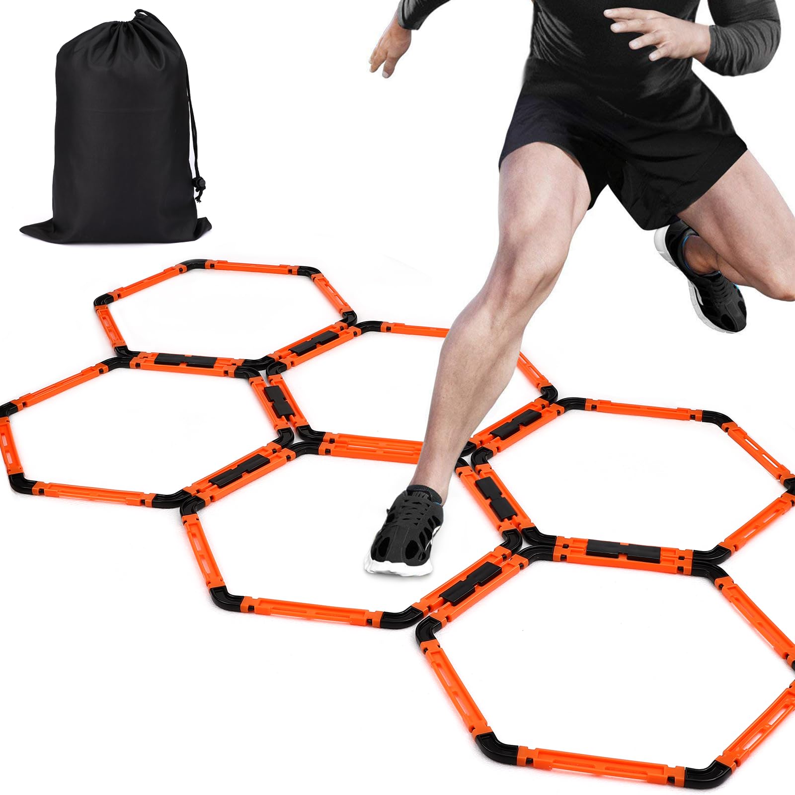 TOBWOLF 6PCS Hex Agility Rings Speed Rings, Portable Speed Agility Training Ladder with 8PCS Connector Clips & Carrying Bag, 6PCS 6FT Adjustable Soccer Agility Training Poles, Slalom Agility Pole
