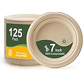 WELLIFE 7 Inch Paper Plates, 125-Pack Small Dessert Paper Plates Bulk, 100% Compostable Biodegradable Bagasse, Eco-Friendly Disposable Plate for Dessert,BBQ,Picnic,Party (BPI Certified,Microwaveable)