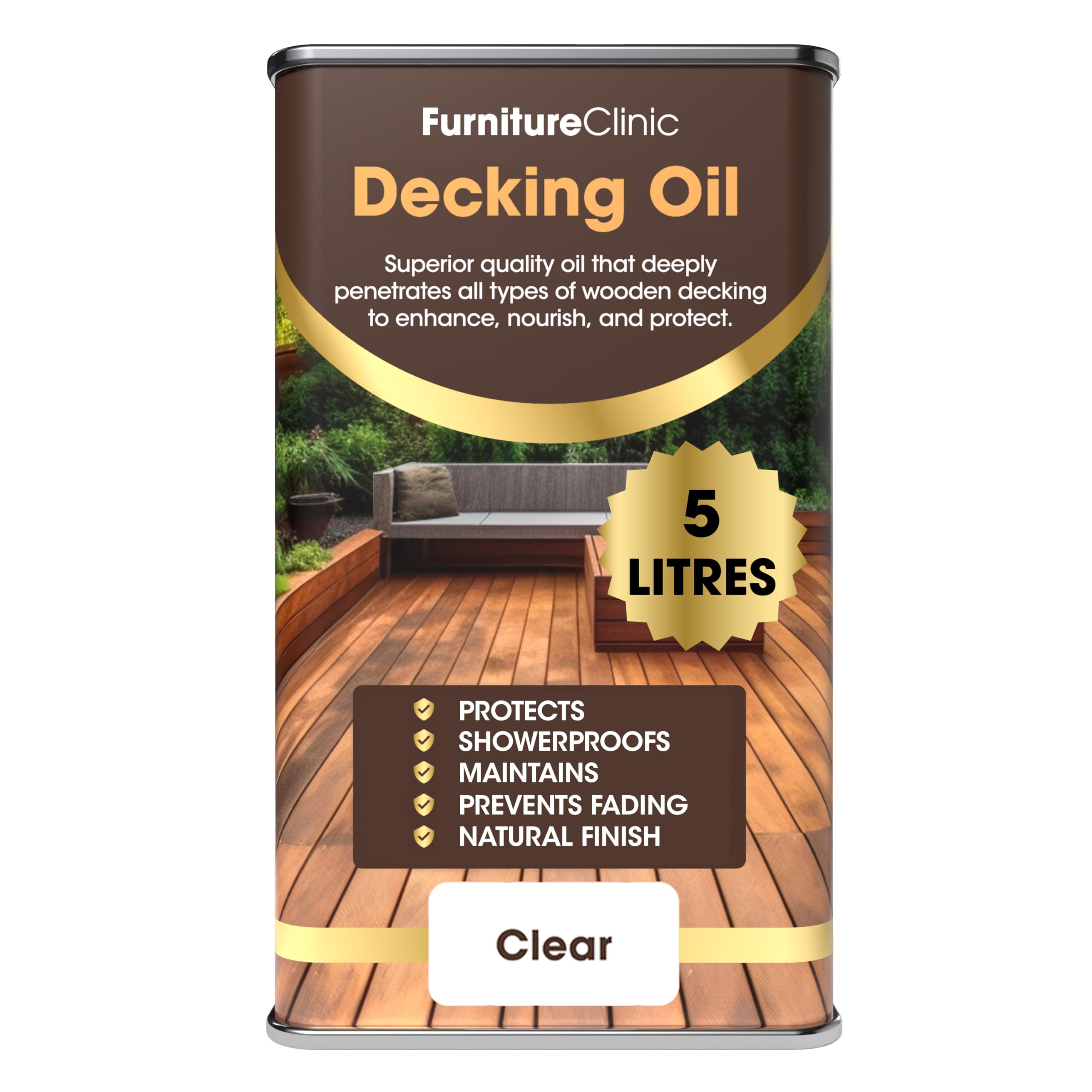Furniture Clinic Decking Oil 5L - Enhance & Nourish Wood - Clear Protection Treatment for Wooden Deck - Outdoor Sealer, Preserver & UV Weather Protector