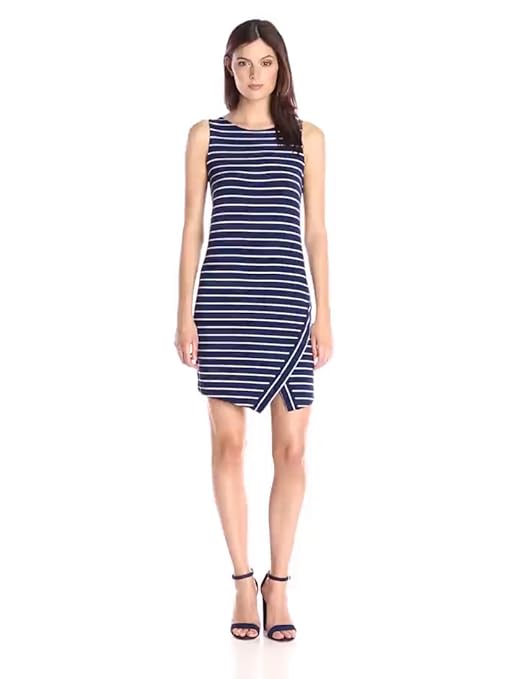 kensie Women's Light Weight Viscose Spandex Stripe Dress with Slit, True Navy Combo, L