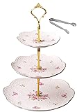 Jusalpha® Elegant Embossed 3-tier Ceramic Cake Stand- Cupcake Stand- Tea Party Pastry Serving Platter in Gift Box and a Free Sugar Tong (FL-Stand 03)