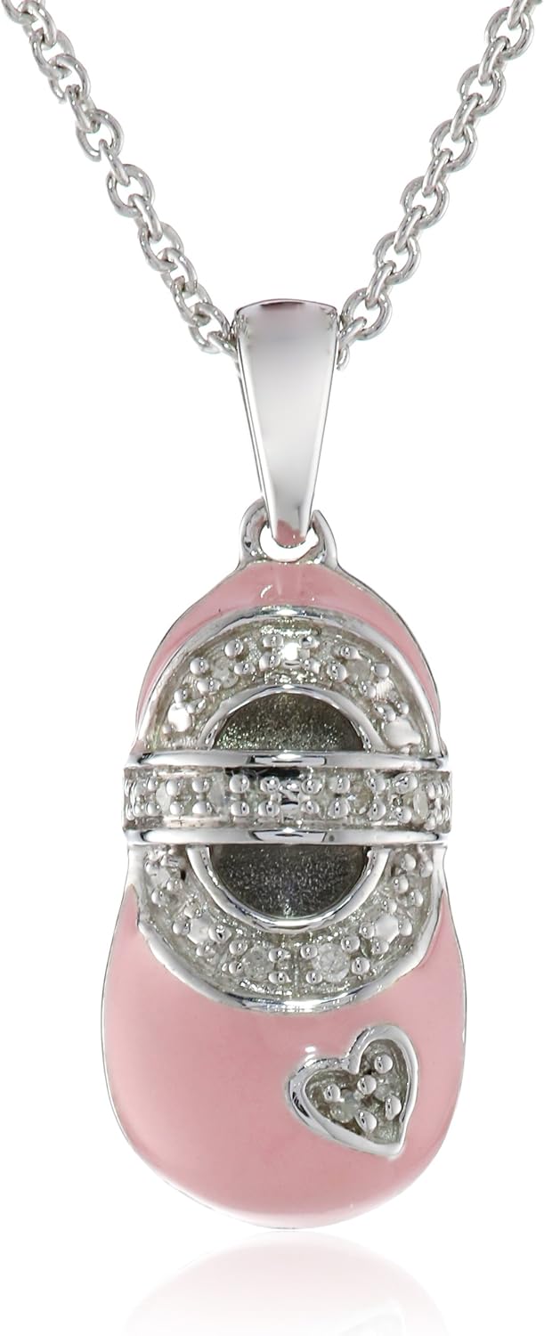 Sterling Silver Diamond Accent Pink Enamel Shoe Charm Pendant Necklace, 18" Jewelry