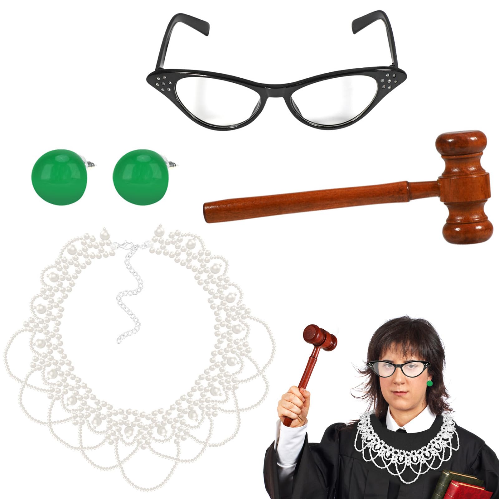 XEPST Judge Costume Set for Adult - 4PCS Judge Accessories Set with False Collar Necklace Gavel Glasses Green Earrings for Halloween Cosplay Carnival Fancy Dress Up