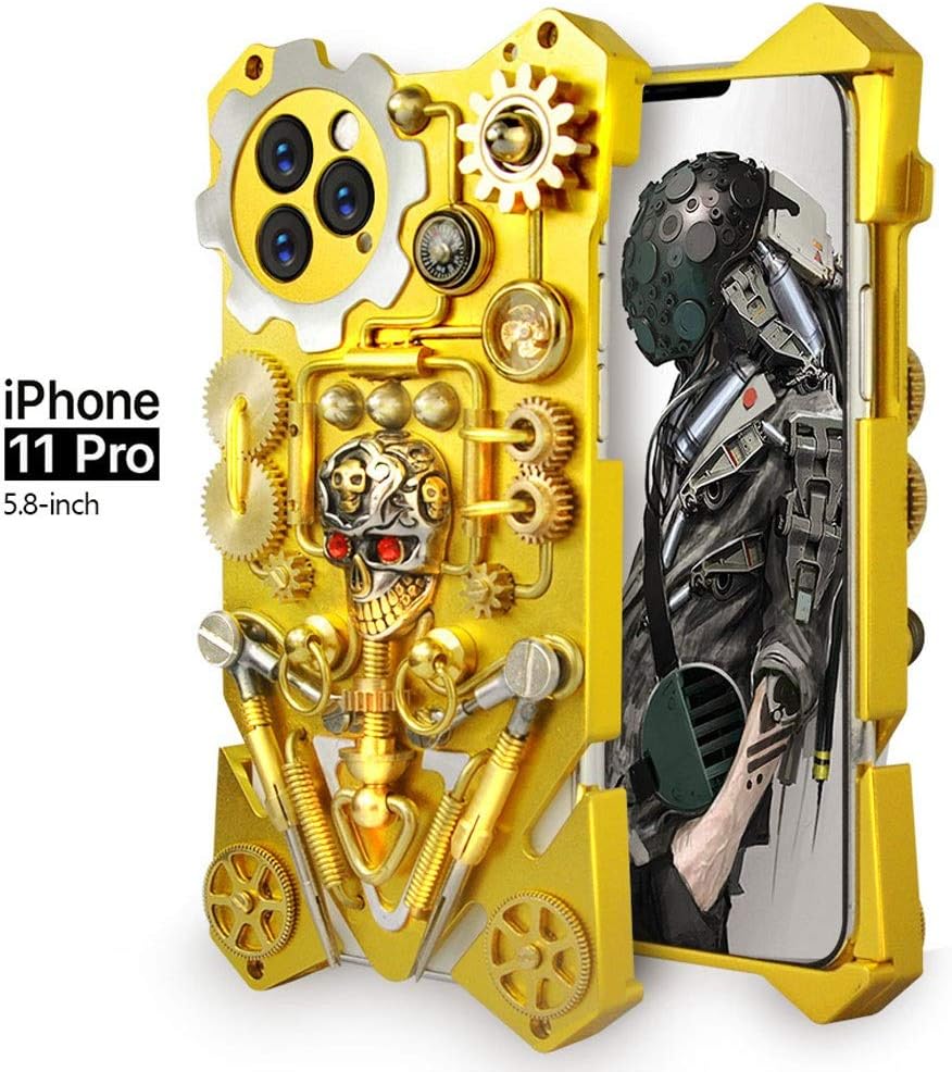 Case IPhone 11/Pro Cross the Future Series Metal Hard Cover Shockproof Ultra-thin Mechanical Steampunk Design Sturdy Armor Phone Covers Unique Skull Gear All-inclusive Golden Cases