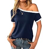 Remidoo Women's Short Sleeve Off The Shoulder Ringer Tee Shirts Loose Fit Casual Summer Tops
